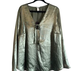 Ava & Viv Women's Green Flared Long Sleeve Satin Blouse - Size 2X - NWT